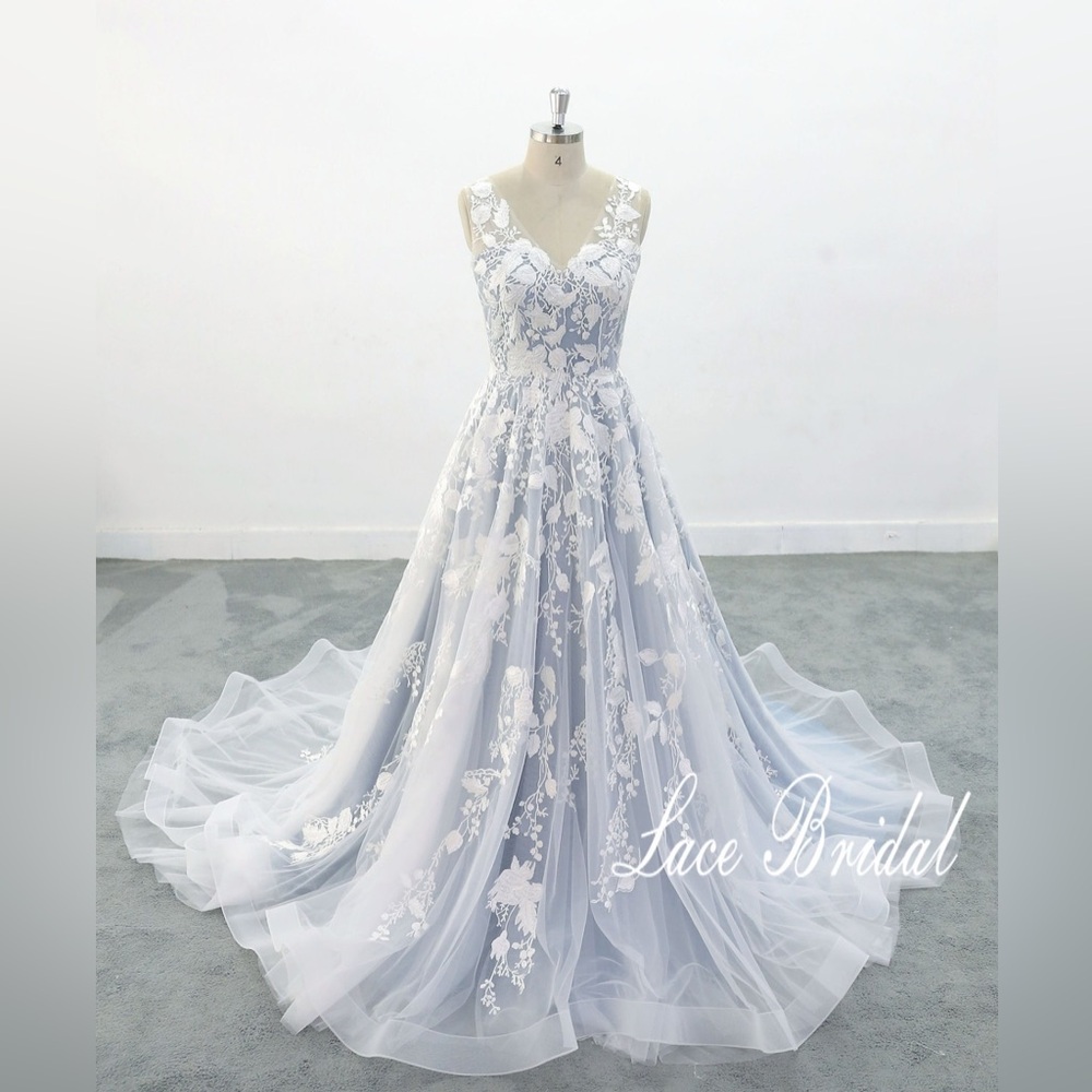 Wedding Dress Lace Open Back V Neckline Blue Undertone Sequins A Line Ball Gown